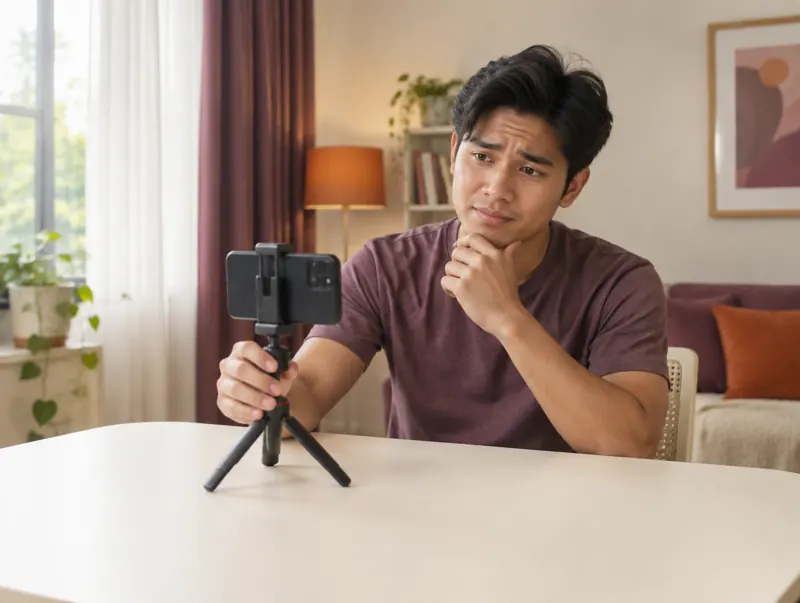 Lelaki ragu-ragu depan telefon di atas tripod, tiada produk untuk dirakam