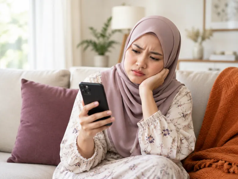 Wanita berhijab kecewa melihat telefon
