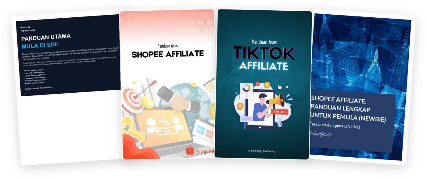 Kulit Modul 01 hingga 04: Panduan Utama, Shopee Affiliate, TikTok Affiliate dan Newbie Shopee Affiliate